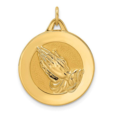 Image of 14K Yellow Gold Polished and Satin Solid Praying Hands Disc Pendant XR1951