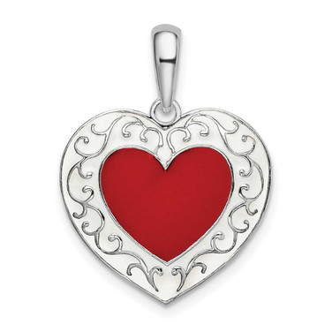 Image of Sterling Silver Polished Enameled Heart w/Scroll Pendant
