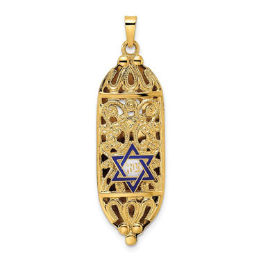 Image of 14K Yellow Gold Polished Solid Mezuzah Enameled Star Pendant