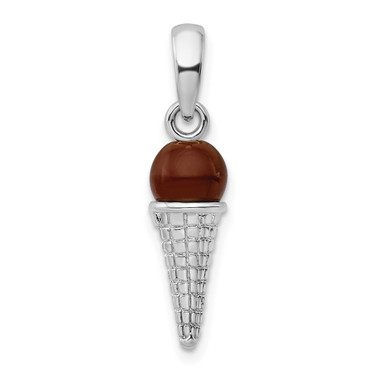 Sterling Silver Polished 3D Brown Bead Ice Cream Cone Pendant