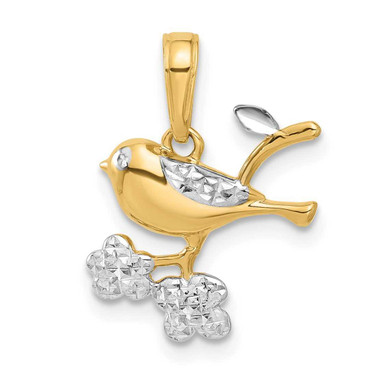 Image of 14K Yellow Gold and White Rhodium Diamond-cut Bird on Branch Pendant