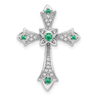 Image of 10K White Gold Emerald and Diamond Fleur de Lis Cross Chain Slide Pendant