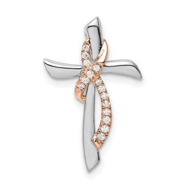 Image of 14k Two-tone White & Rose Gold Cross w/Ribbon Diamond Chain Slide Pendant