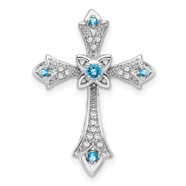 Image of 10K White Gold Blue Topaz and Diamond Fleur de Lis Cross Chain Slide Pendant