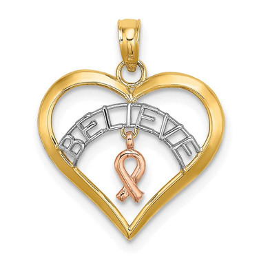Image of 10k Two-tone Gold with White Rhodium BELIEVE in Heart w/ Breast Cancer Ribbon Pendant