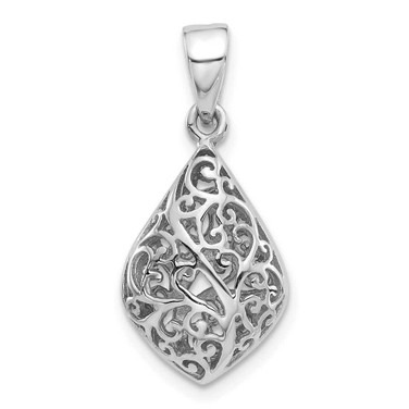 Image of Sterling Silver Rhodium-Plated Polished Puffed Filigree Teardrop Pendant QP5732
