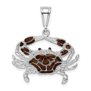 Sterling Silver Polished Enameled Brown Crab Pendant