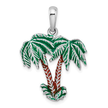 Image of Sterling Silver Polished Enameled Palm Trees Pendant