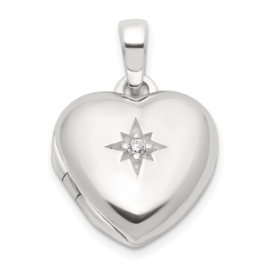 Sterling Silver E-coated CZ 13mm Heart Locket Pendant