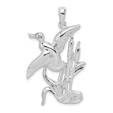 Image of Sterling Silver Polished Duck Flying Over Cattails Pendant