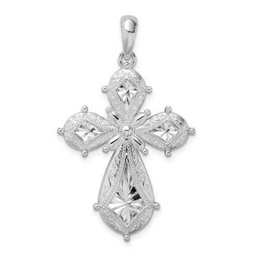 Image of Sterling Silver Fancy Scroll Diamond-cut Rounded Cross Pendant