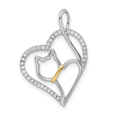 Sterling Silver Rhodium-plated Gold-tone CZ Cat in Heart Pendant