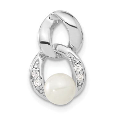 Sterling Silver Rhodium-plated White Simulated Pearl & CZ Pendant