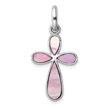 Sterling Silver Rhodium-plated Pink Mother of Pearl Cross Pendant