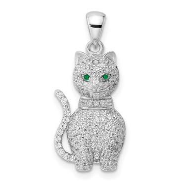 Sterling Silver Rhodium-plated Polished Green & White CZ Cat Pendant