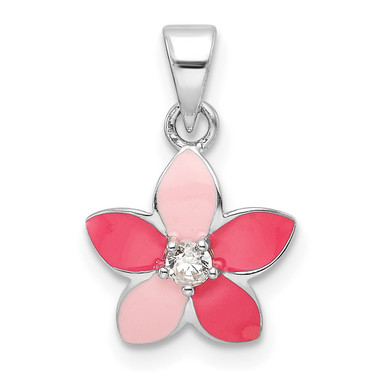 Sterling Silver Rhodium-plated CZ and Enamel Flower Childrens Pendant