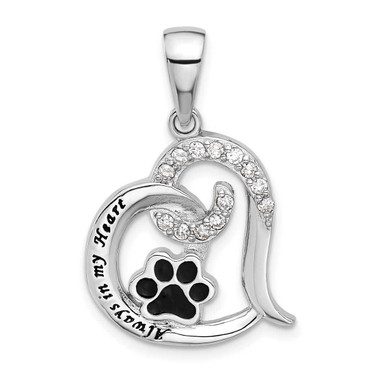 Image of Sterling Silver Rhodium-plated Enamel CZ Paw ALWAYS IN MY HEART Pendant