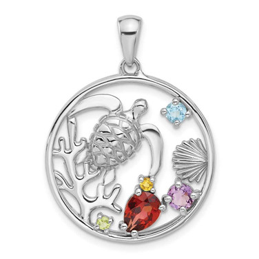 Image of Sterling Silver Rhodium-plated Rainbow Multi-Gemstone Sea Turtle Pendant