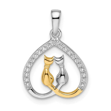 Image of Sterling Silver Rhodium-plated & Gold-plated CZ Heart w/Two Cats Pendant