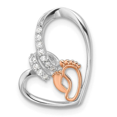 Image of Sterling Silver Rhodium/Rose Gold-plated CZ Heart with Footprint Pendant