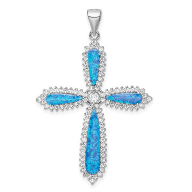 Image of Sterling Silver Rhodium-plated Blue Created Opal & CZ Border Cross Pendant