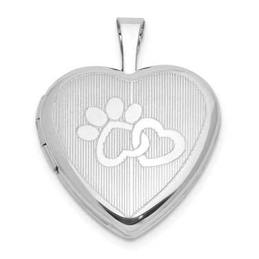 Image of Sterling Silver Rhodium-plated Paw Prints w/Heart 16mm Heart Locket Pendant
