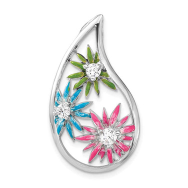 Image of Sterling Silver CZ & Blue, Green & Pink Enamel Floral Teardrop Slide Pendant