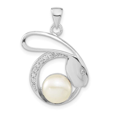 Image of Sterling Silver Polished CZ & 8-9mm Freshwater Cultured Pearl Rabbit Pendant