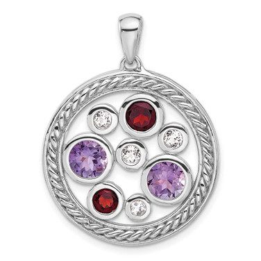Image of Sterling Silver Rhodium-plated Amethyst Garnet and White Topaz Circle Pendant