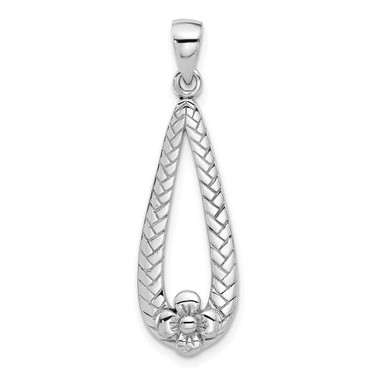 Image of Sterling Silver Rhodium-plated Polished Textured Teardrop w/Flower Dangle Pendant