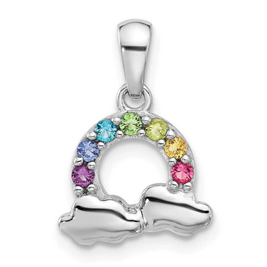 Image of Sterling Silver Rhodium-plated Childrens Glass Crystal Rainbow and Clouds Pendant