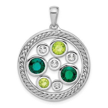 Image of Sterling Silver Rhodium-plated Created Emerald Peridot and White Topaz Circle Pendant