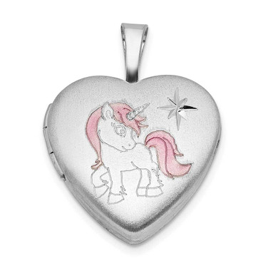 Image of Sterling Silver Rhodium-plated Epoxy Satin Polished Unicorn 16mm Heart Locket Pendant