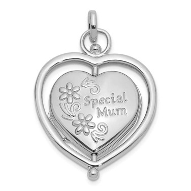 Image of Sterling Silver Rhodium-plated Floral Special Mom Reversible/Moveable Heart Locket Pendant