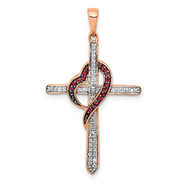 Image of 14k Rose Gold Red and White Diamond Cross w/Heart Pendant