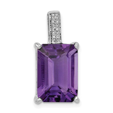 Image of Sterling Silver Rhodium-plated Emerald-cut Amethyst & Diamond Pendant