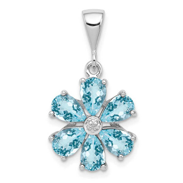 Image of Sterling Silver Rhodium-plated Light Swiss Blue Topaz & Diamond Flower Pendant