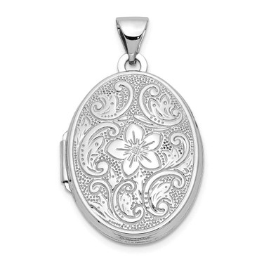 Image of 14k White Gold 21mm Oval Floral Scroll Border Locket Pendant