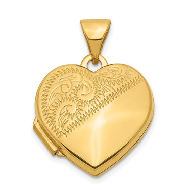 14K Yellow Gold 15mm Half Scroll Design Heart Locket Pendant
