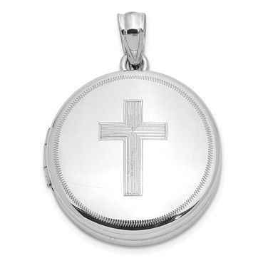 Sterling Silver Rhodium-plated Polished Cross 20mm Round Locket Pendant