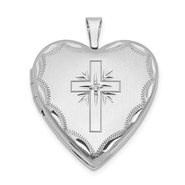 Image of 14k White Gold 20mm Diamond Satin & Diamond-cut Cross Heart Locket Pendant