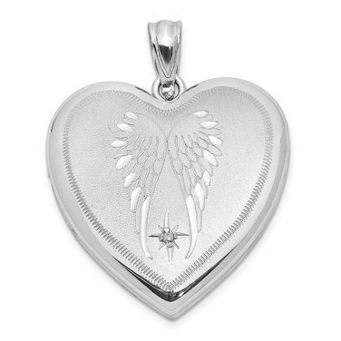 Image of Sterling Silver Rhodium-plated Satin Diamond Wings 24mm Heart Locket Pendant