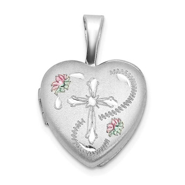 Image of Sterling Silver Rhodium-plated Diamond-cut Enameled Floral Cross 12mm Heart Locket Pendant