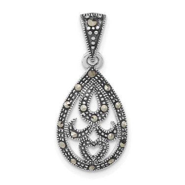 Image of Sterling Silver Antiqued Marcasite Heart Teardrop Pendant
