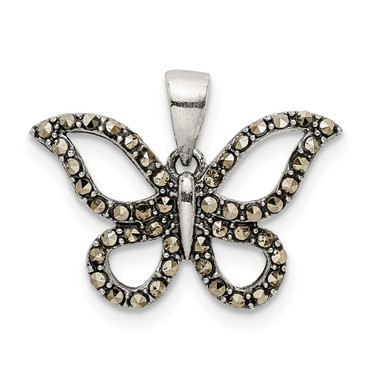 Sterling Silver Antiqued Polished Marcasite Butterfly Pendant