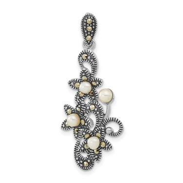 Image of Sterling Silver Antiqued Marcasite & Freshwater Cultured Pearl Floral Slide Pendant