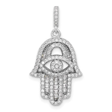 Image of Sterling Silver Rhodium-plated CZ Evil Eye Hamsa Pendant