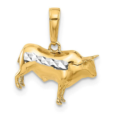 Image of 14K Yellow Gold and White Rhodium Diamond-cut 3D Bull Pendant