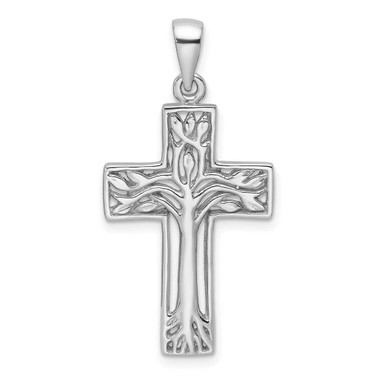 Image of Sterling Silver Rhodium-Plated Polished Cross with Tree Pendant