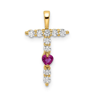Image of Gold-plated Sterling Silver Large Initial T CZ & Created Ruby Pendant